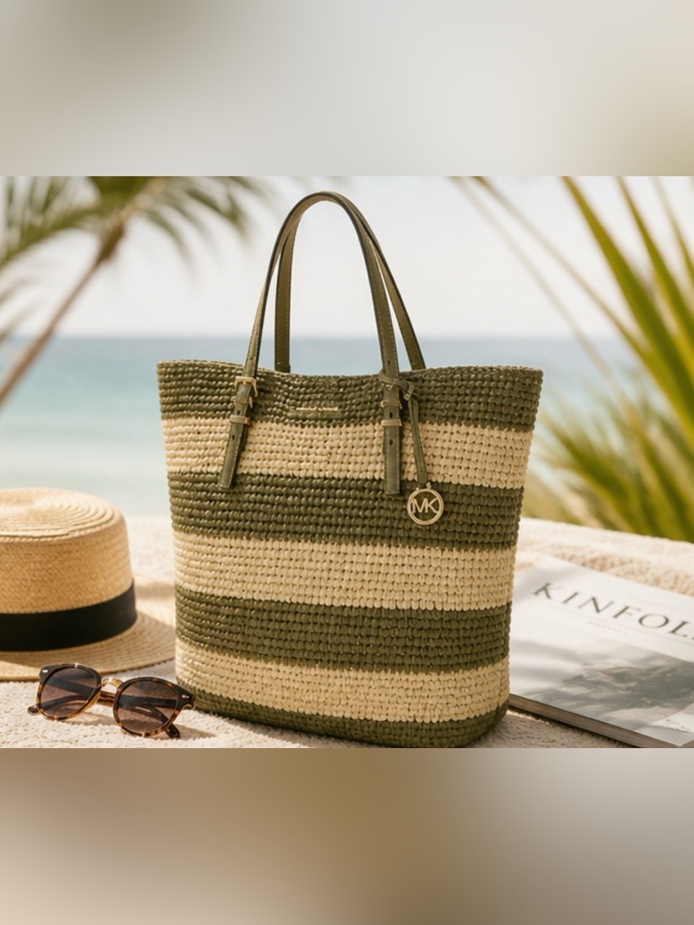 Michael Kors Quinn Straw Tote Large Green Stripe Beach Travel Bag